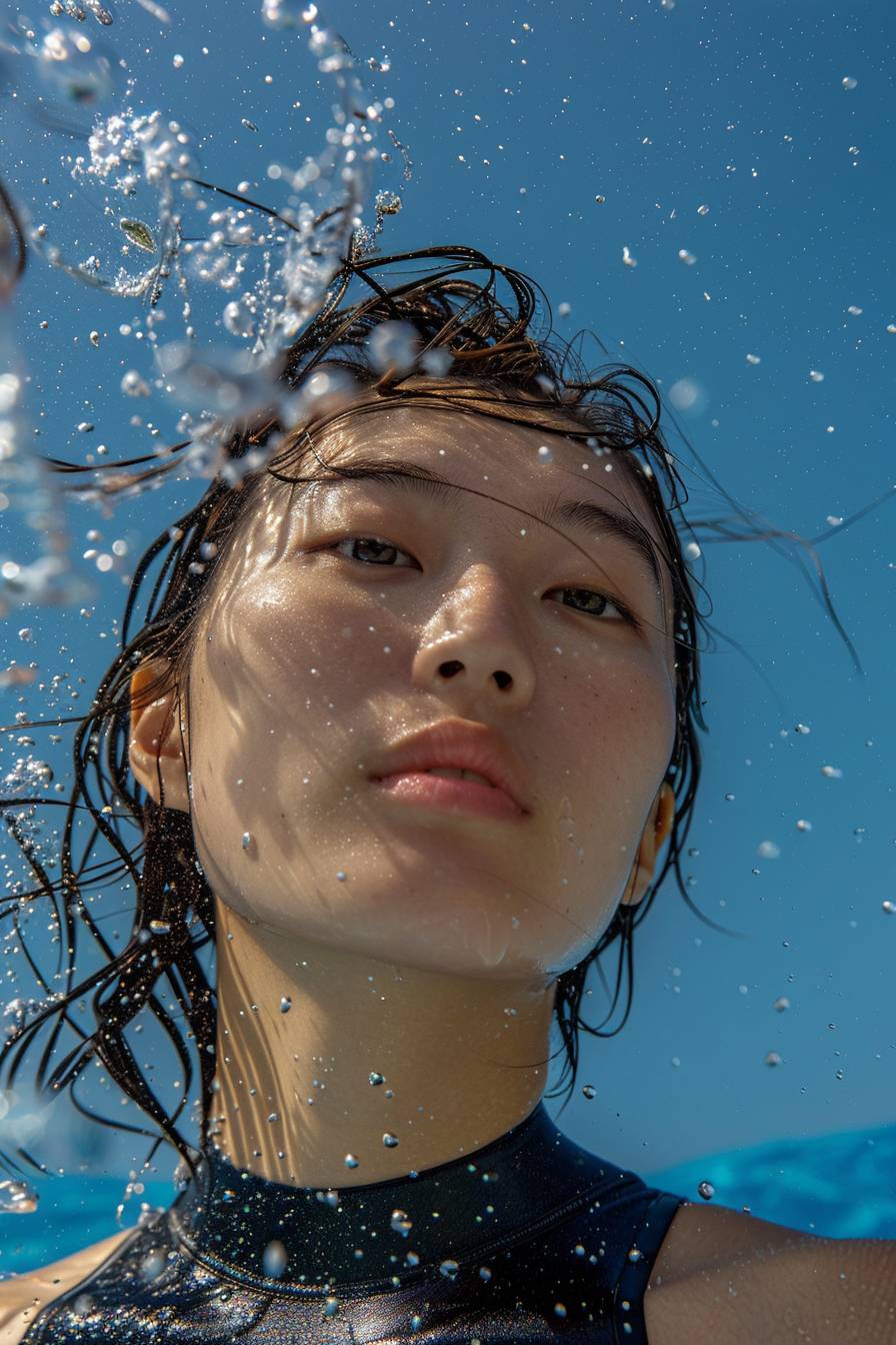 The image shows a young beautiful Korean woman in a rash guard, seemingly enjoying time in the water, perhaps during a sunny day given the blue skies and the reflection of the sun on the water’s surface. The person’s hair is wet and slicked back, suggesting that they may have been swimming or engaging in a water activity. The viewer’s perspective is from a low angle, looking up towards the person and the sky beyond.