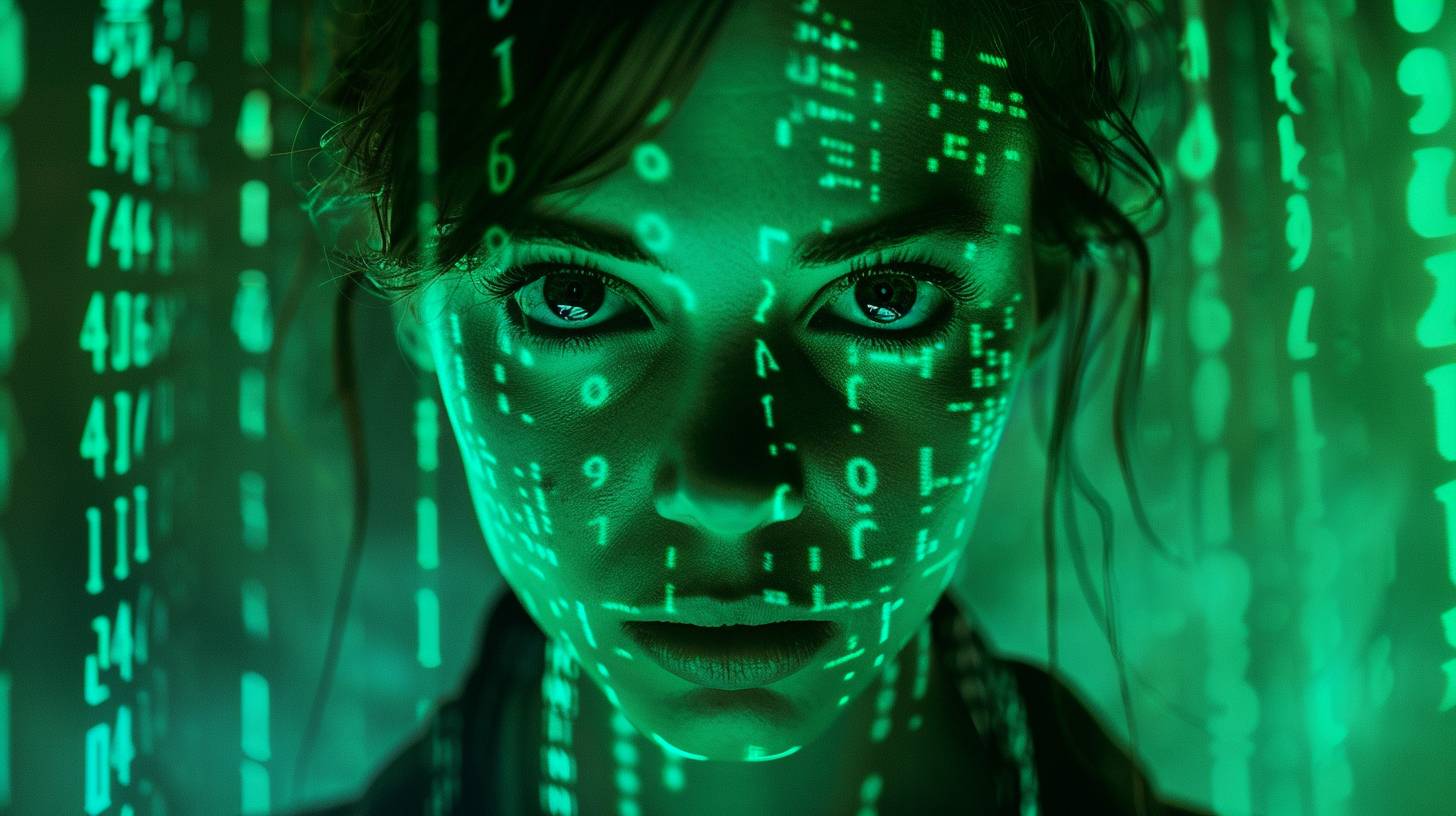 Futuristic woman, Aerochrome aesthetic, Matrix, binary code glitching, green color grading, transparents, subtle neon, film still
