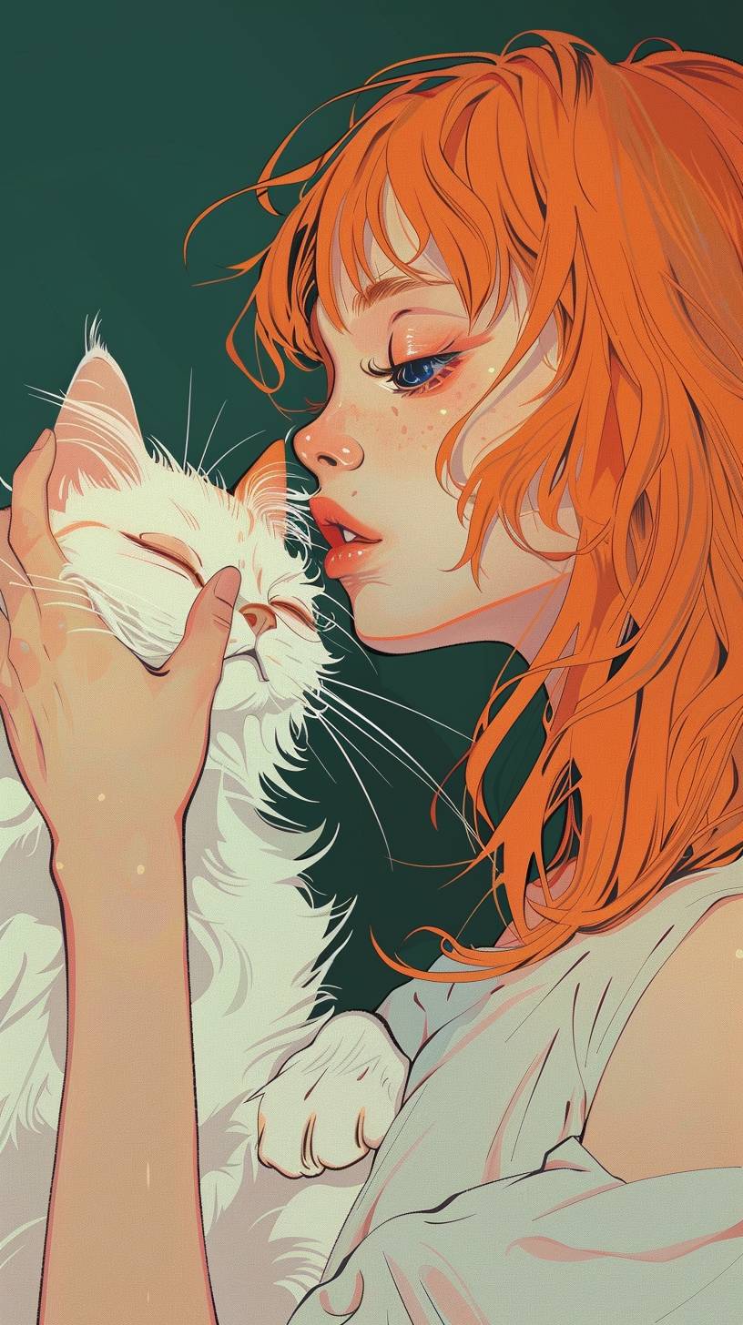 Comic cover, a girl with orange hair holding a white cat, bright colors, detailed illustrations, soft tones, dark green background, cute, colorful, bright colors, comic style, colored lead drawings, simple drawings, children's book illustrations, anime art, high-resolution comic style.