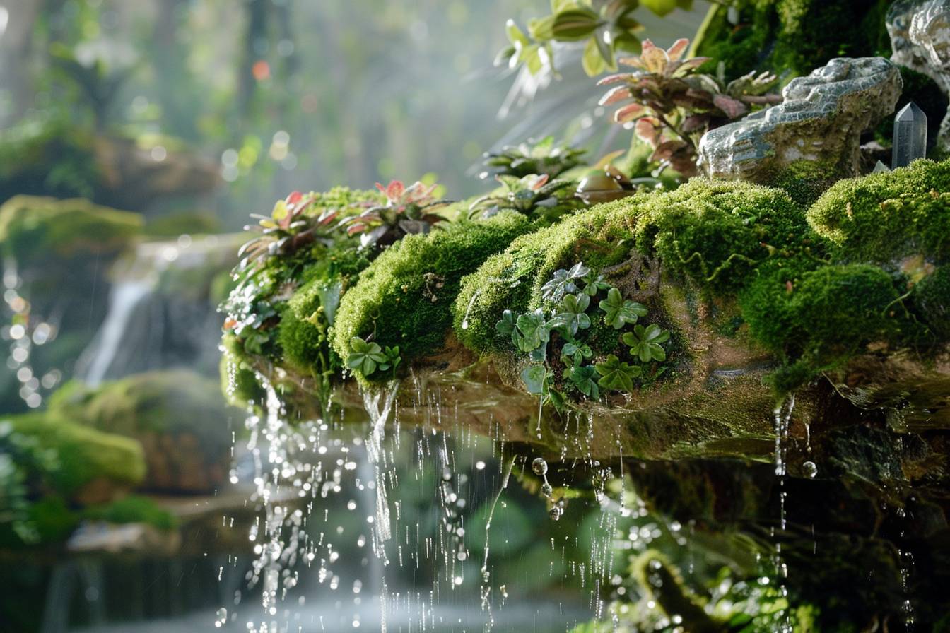 『エンチャンテッド・エンクレイブ』を探索しましょう。滝が流れる秘密の聖域で、苔の植物と水晶の生き物が完璧な調和を保ち、時を超えた魔法の領域を創り出しています。