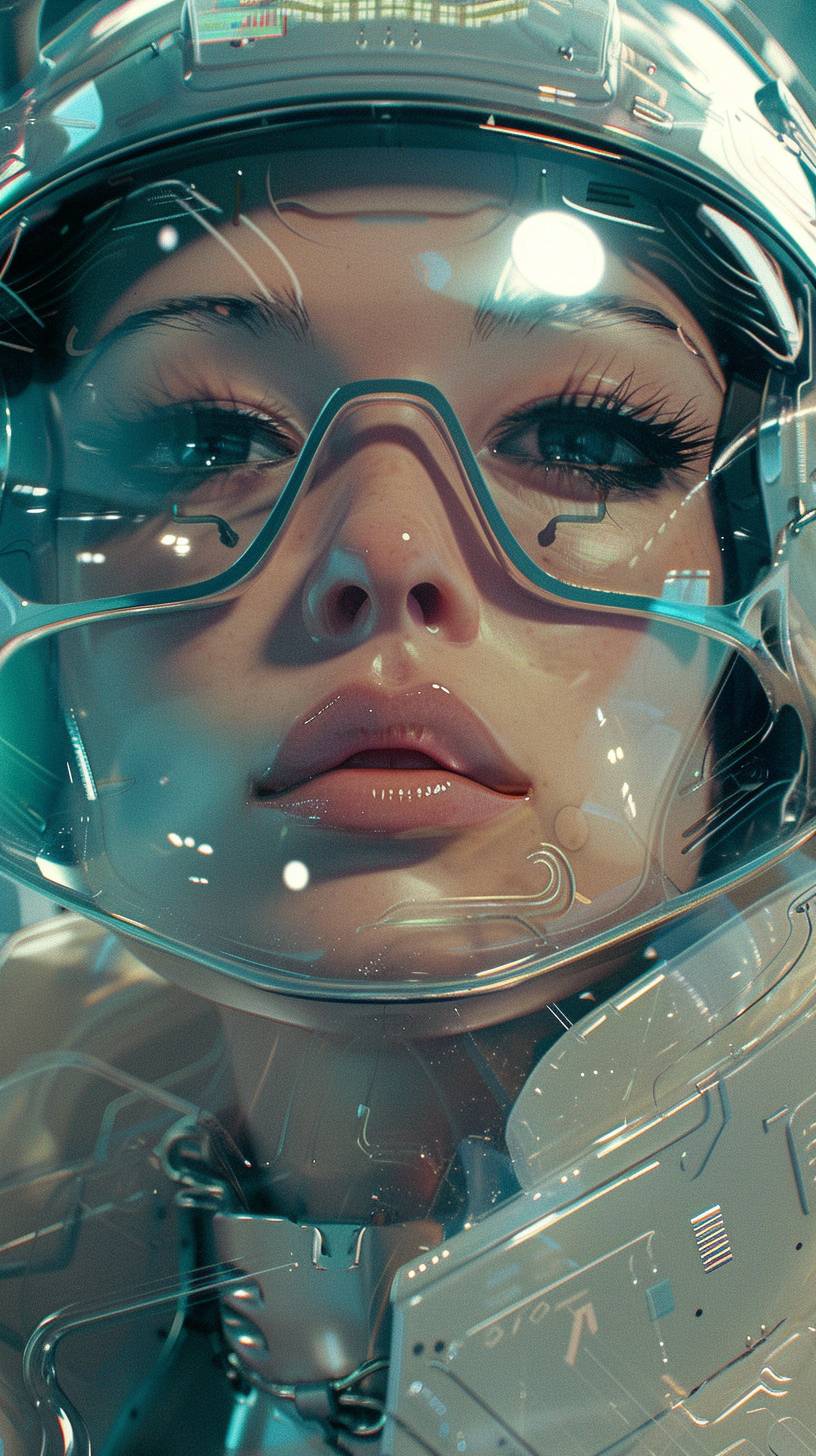 Beautiful woman in a futuristic plastic case suit, by Masamune Shirow, Gil Elvgren, and Hajime Sorayama, in a cyberpunk setting, a still from an 80s anime, closeup shot, vintage TV screen grab, hyper detailed, hyper realistic