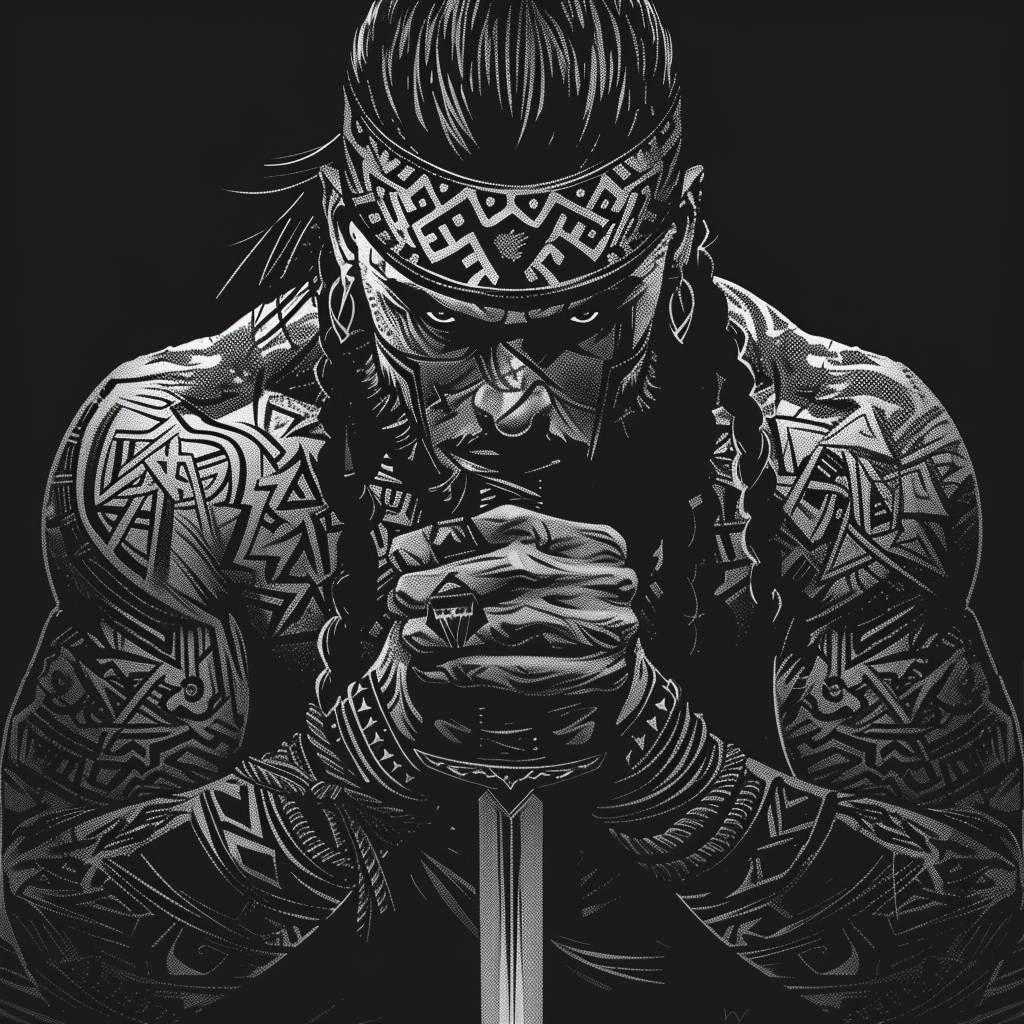 Black and white vector illustration of a fierce warrior with tribal tattoos, wearing a headband with his hands gripping a sword, determined eyes, intricate patterns on skin, 3D grid lines, hyperdetailed, high contrast, high resolution, cinematic lighting
