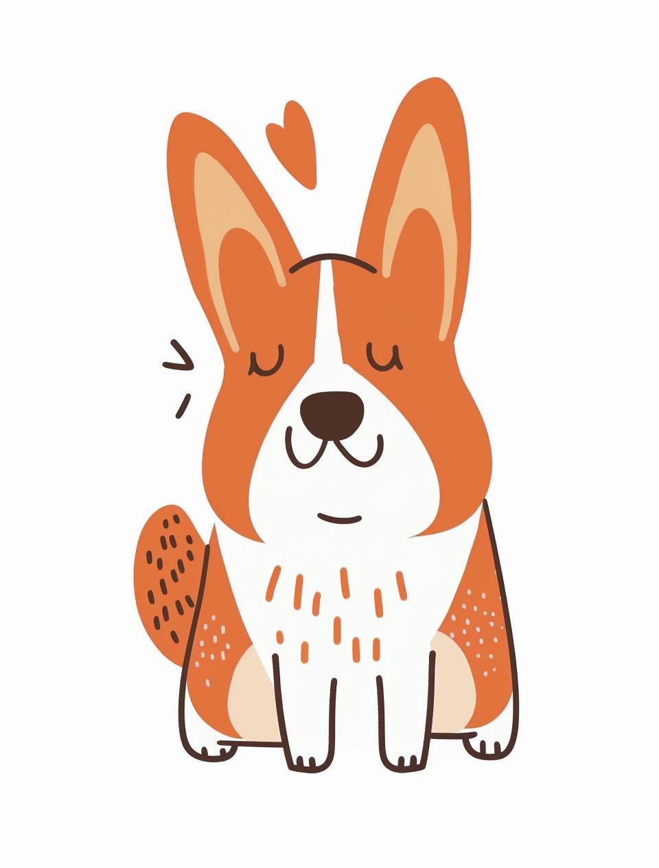 オレンジと白のコーギー犬をシンプルな形状で描いたかわいいシンプルなイラストです。手書きの太い線で、竹正涼のスタイルで描かれた白い背景に、ハッピーな表情のカートゥーンキャラクターデザインがあります。