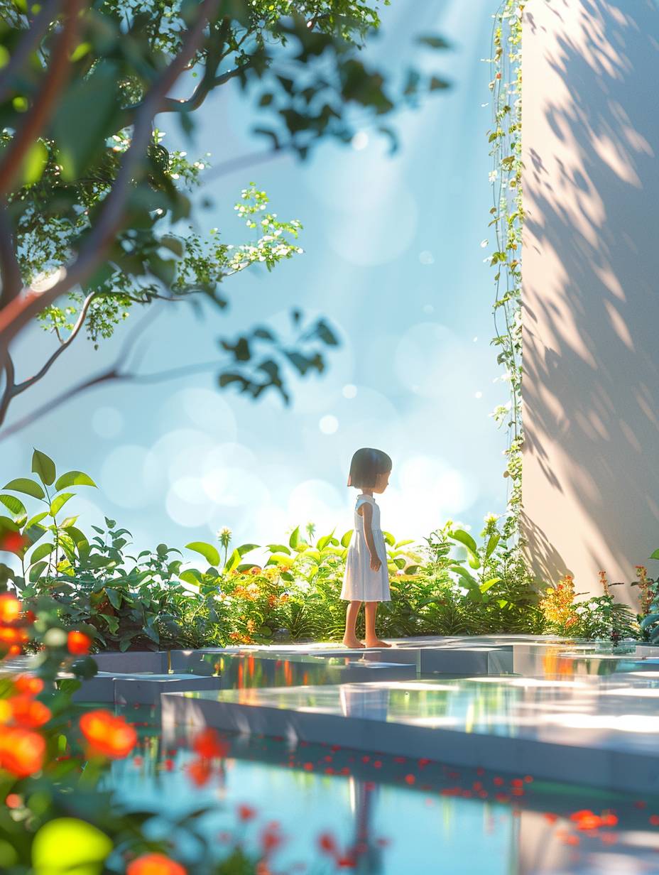 Sky background, a cute little girl, architecture, plants, 3D art, C4D, octane rendering, 3D rendering, light traction, clay materials, Pixar style, POPMART blind box, animated lighting, depth of field, super details, soft colors, clean background, fine gloss, soft focus, best quality, 8k