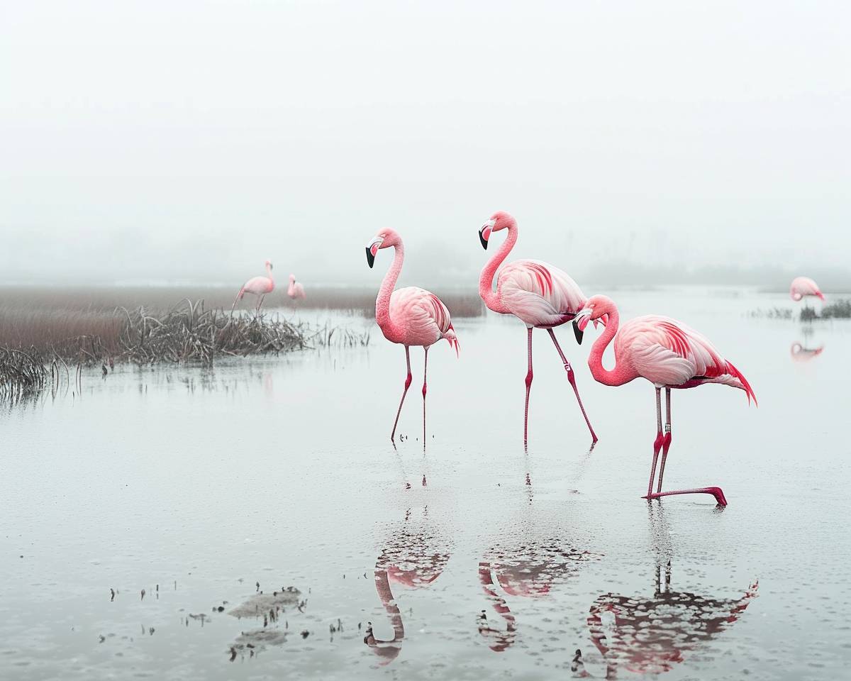 Minimalist photo, salt marshes with condensation, pink flamingos, grey-white sky, high contrast