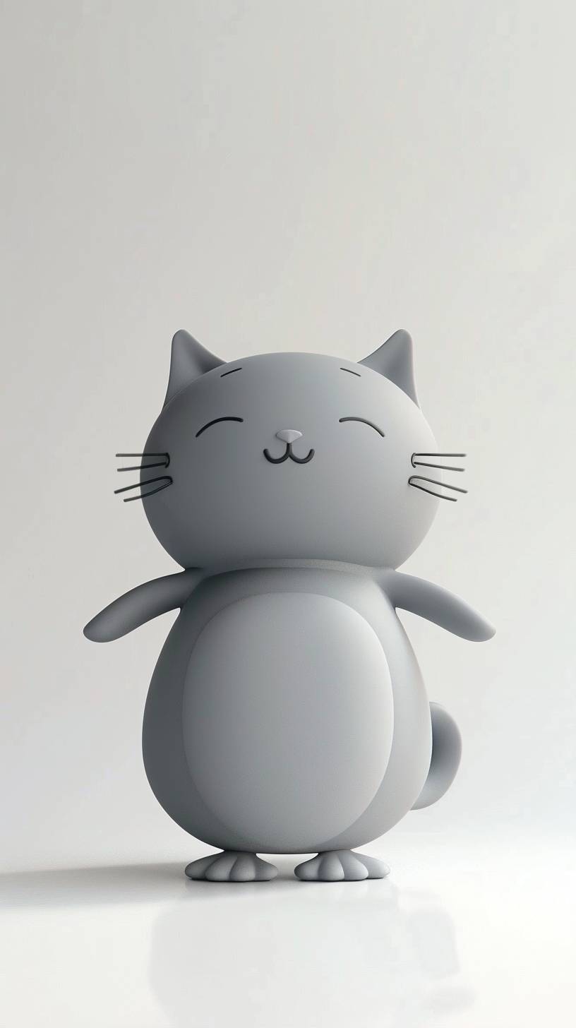グレーの猫キャラクターの3Dレンダリング、粘土アニメーションスタイル、チビスタイル、シンプルでミニマルで詳細がなく、粘土素材、アートトイ、ソフト彫刻、背景なし