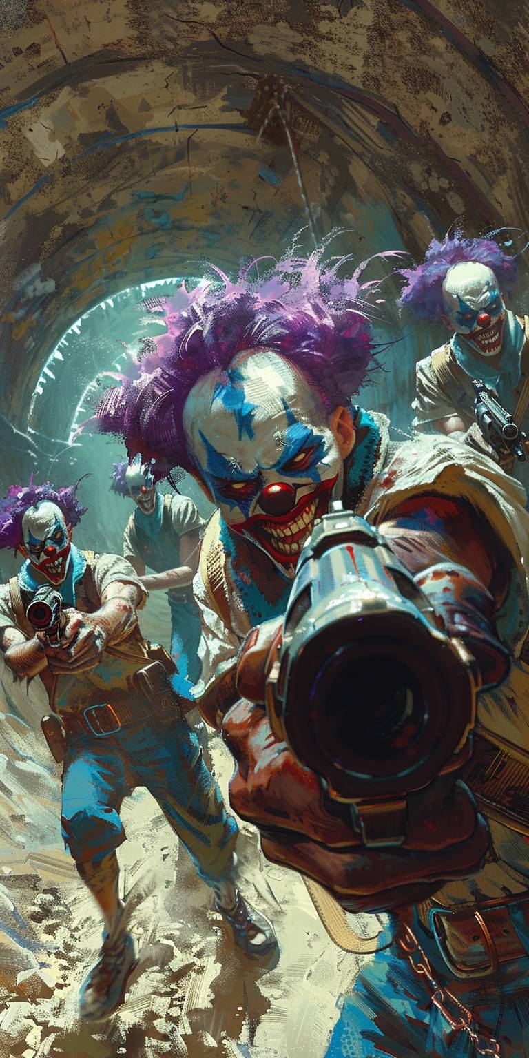 An image of a desertcore mutant gang of 6 members wearing blue and white clown makeup with purple hair and desert apocalypse costumes, the clowns are in an underground desert tunnel, the front clown is pointing a colt 45 revolver at the viewer, poster art style, magic atmosphere, grim dark, drawn and colored by Christopher Balaskas, ink marks, fine lines, bold painterly brush strokes