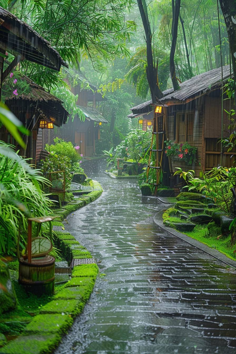 After the rain, the green bamboo forest path is lined with wooden houses, it's full of plants and flowers. The wet ground is covered with moss, the wet stone road is covered with droplets. The stream runs down the tree trunk, a beautiful landscape was created in a serene setting. It was captured in high definition photography.