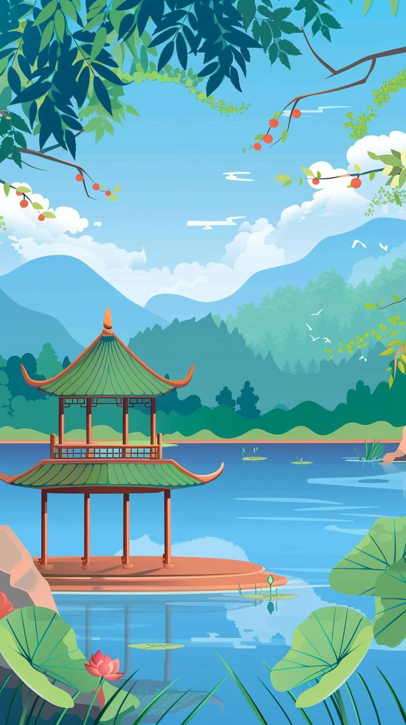 Flat illustration, spring scenery, pavilion by the lake, blue sky and white clouds, light green mountains in the distance, lotus leaves on top of the gazebo, vector line style, simple color blocks, children's picture book illustrations, colorful cartoon characters, high definition details, 48k HD quality, high resolution.