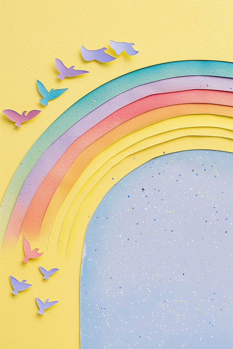 薄い紫、ピンク、青、ライトグリーン、ライトイエローの色合いの虹、シンプルなライトパステルイエローの背景、David Shpeikerスタイルのアイコン、フラットデザイン、単純な形状、小さな鳥が飛んでいる、質感のある段ボールの切り紙コラージュの非常に簡略化されたバージョン