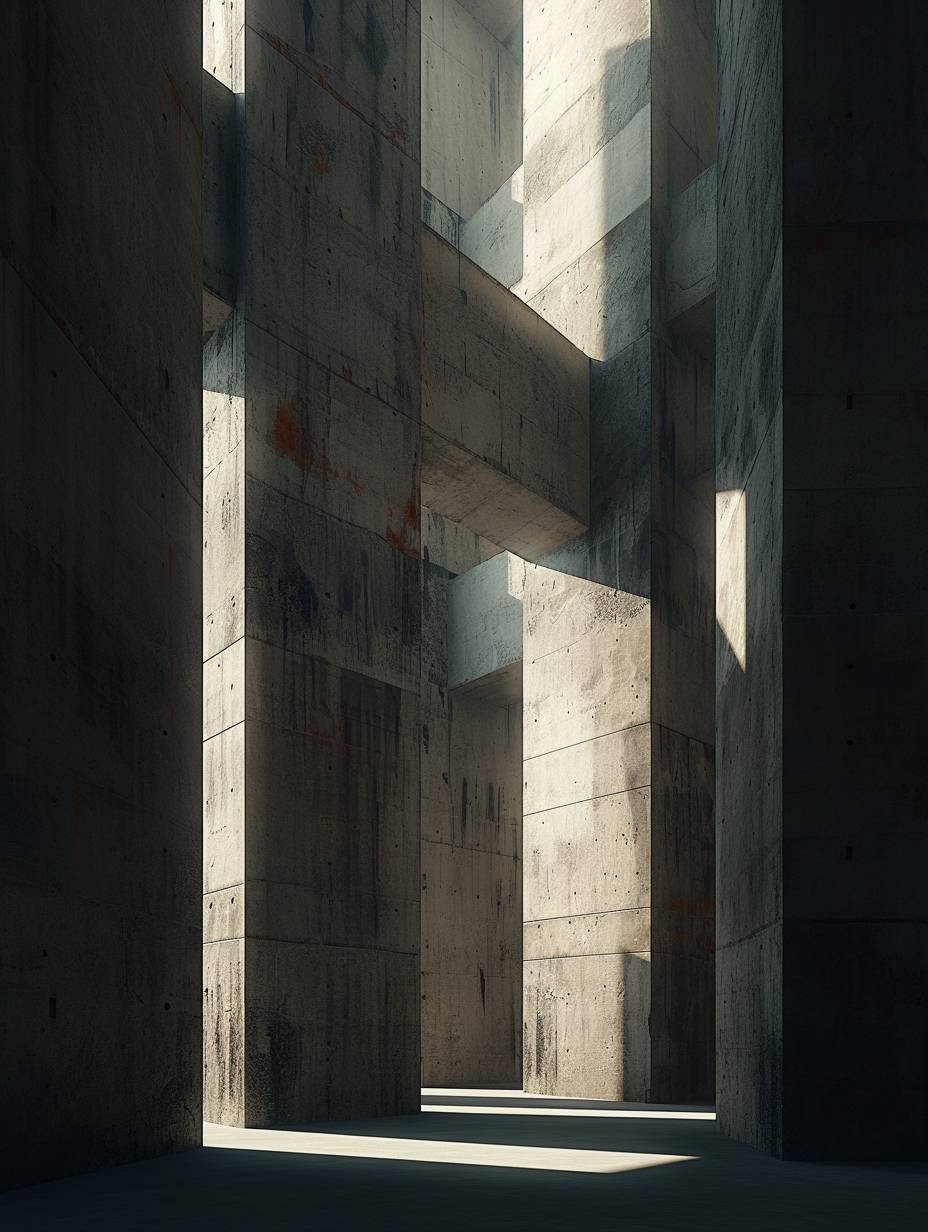 The interior of the temple has tall columns with thin vertical window frames on each column. The flat roof is made from concrete, with sunlight shining through the windows in the style of Peter Zumthor. Archdaily architecture photography.