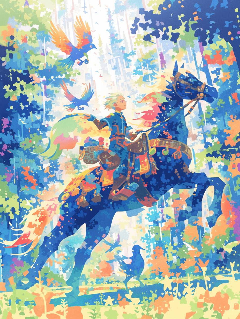 A boy rides a horse and chases birds in the forest, surrounded by a linear forest with birds flying in the sky. The illustration is drawn with colorful lines in a flat style, with green as the main color of the background. It is a vibrant scene with a fisheye effect.