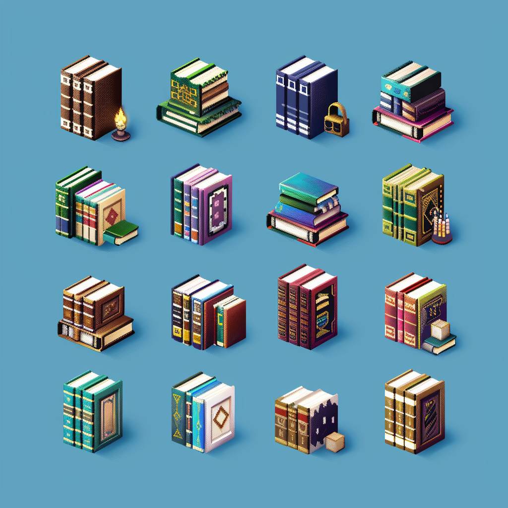 異なる等級や種類の本を表す、32×32ピクセルのドット絵アイコンセット。クリーンで明るいブルーの背景。
