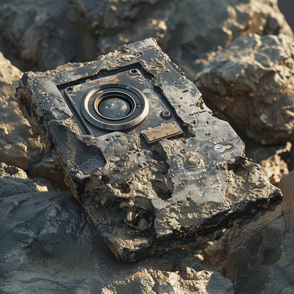 岩に埋まった[subject]の超リアルな汚れた化石のような技術を展示したハイパーリアルなイメージ。すり減っており、埃と風化で覆われた、古びた外観。HD、超リアル、ハイクオリティな画像。