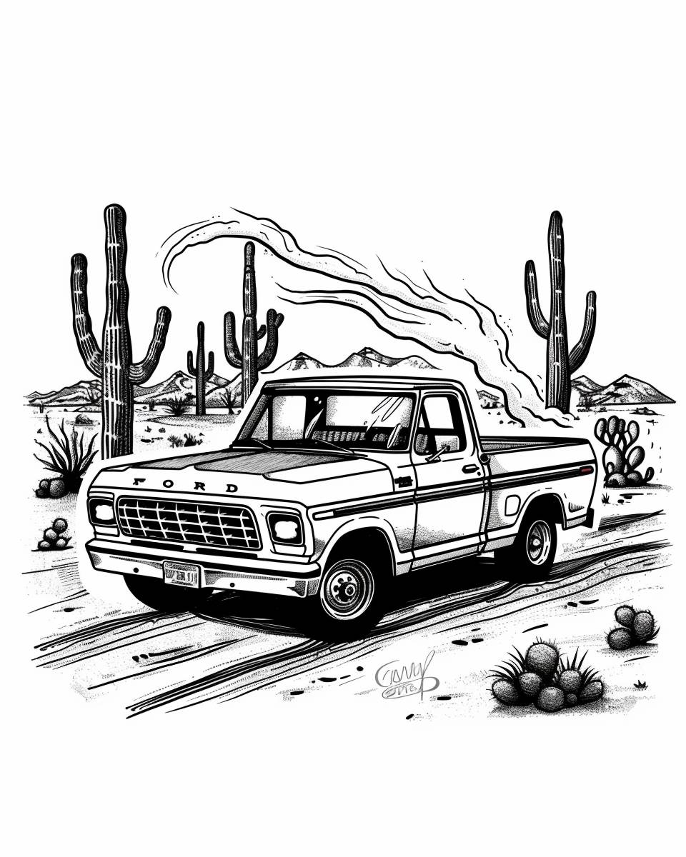 Use the style of this photo to create a 1971 Ford F100 driving in a cactus-filled desert with dirt smoke, 1970's American aesthetic, woodcut style ink drawing illustration with inscription, black and white, isolated on off-white background