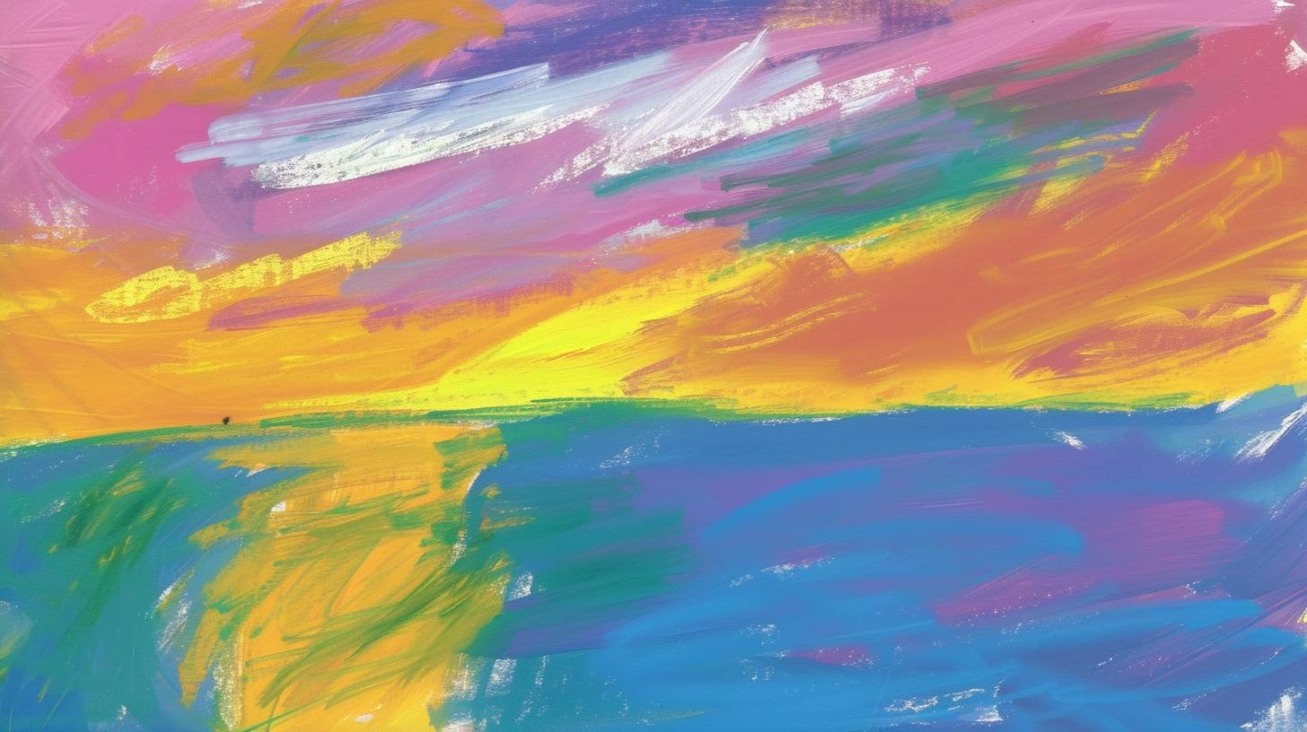 Clean, minimalism, neat repetition, symmetry, a pastel drawing of the sky with clouds over an ocean, yellow and blue sky, in the style of Henri Matisse, vivid colors, yellow, green, purple, pink, orange (OpenAI style)