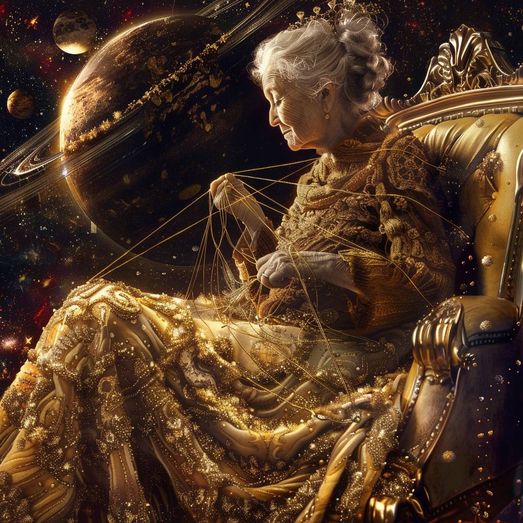 A grandmotherly Fate sits on a cozy cosmic throne knitting with mirrored threads of time, the solar system spins like clockwork behind her as she knits the futures of people together like an endless collage of destiny, maximilism, cinematic quality, sharp focus, intricate details.