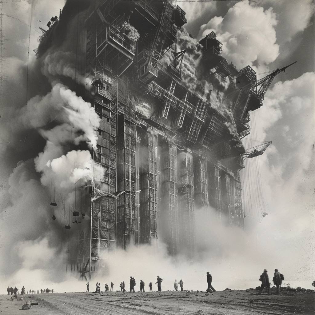 Margaret Bourke-White's photograph of enormous Doomsday megastructure floating in clouds. Colossal scale. Central composition