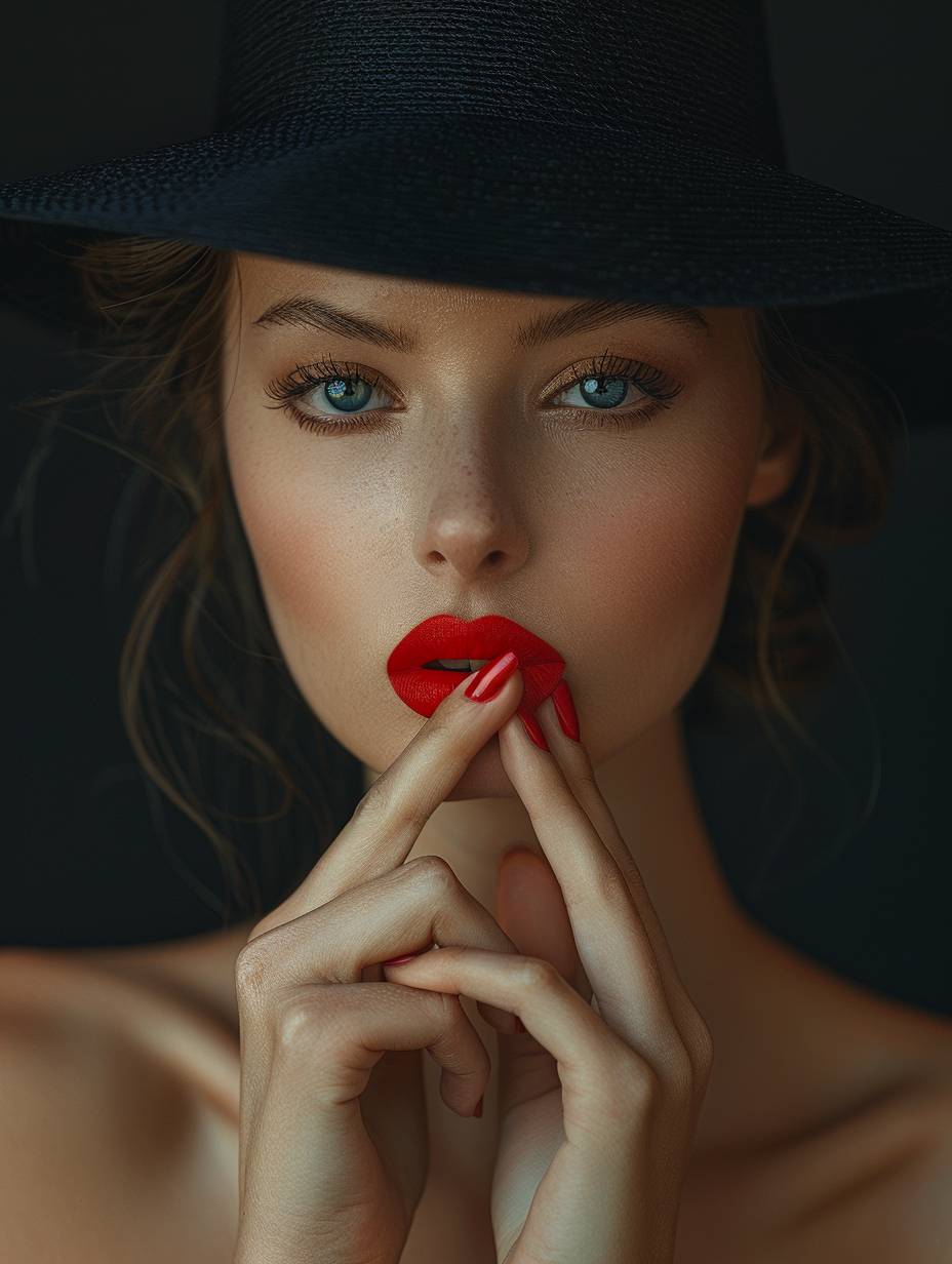 黒い帽子をかぶり、顔の一部を隠す紅いリップスティックを塗った優雅な女性が、黙示しながら指を唇に当てています。彼女の爪は長く、明るい赤で塗られています。背景は真っ黒です。