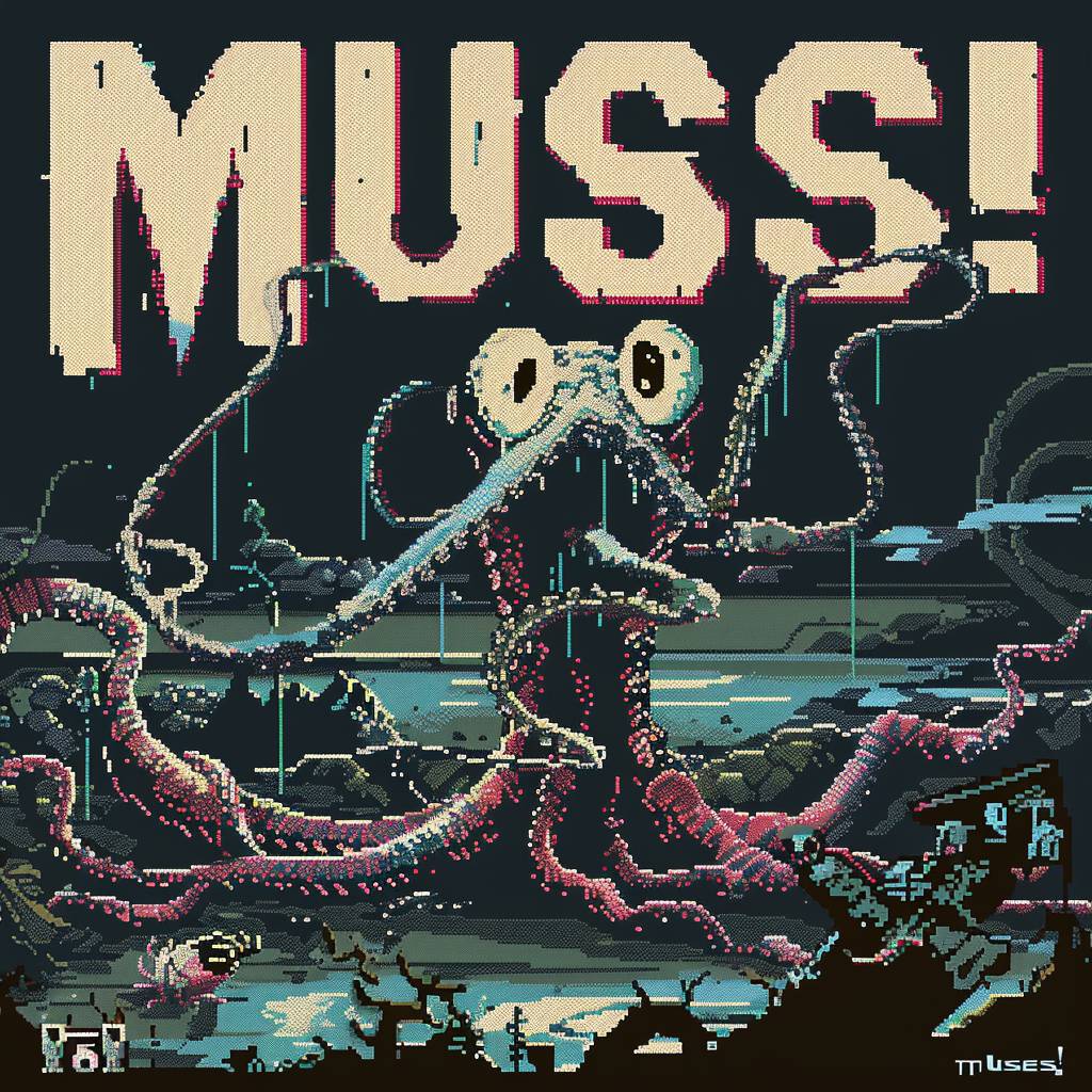 letters 'muses!' old CGA-screen pixelized text with little pixelated Cthulhu ASCII-pictogram --stylize 75 --v 6.0