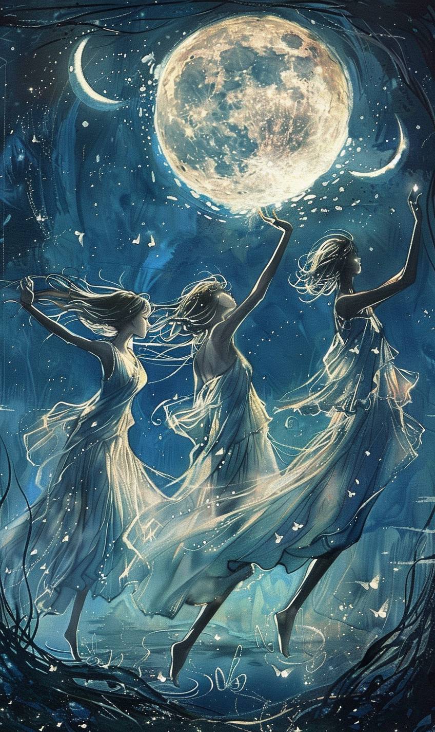 in style of Hajime Sorayama, Ethereal beings dancing under the moonlight