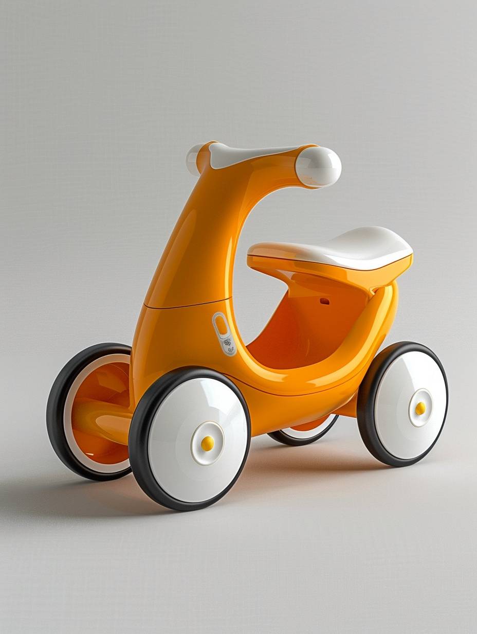 Baby toy car, children's scooter for walking with an orange body and white wheels. The top of the seat is rounded to reflect light. There is also a small window on each side through which you can see inside it. On one end there’s a cartoon style steering wheel that has two eyes drawn in yellow paint in the style of a cartoon. This design adds fun and visual appeal while enhancing driving safety. It stands upright against a pure white background, providing clear contrast between colors.