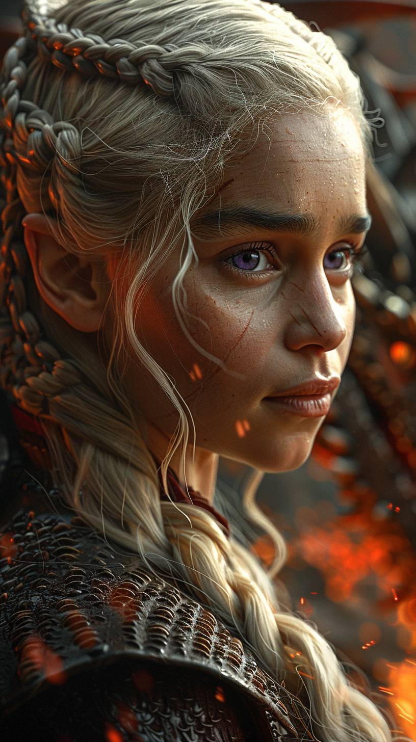 Daenerys Targaryen from Game of Thrones, with purple eyes, surrounded by blazing orange, riding on a dragon. Hyper-realistic, 8K, --ar 9:16, --stylize 750, --v 6.0