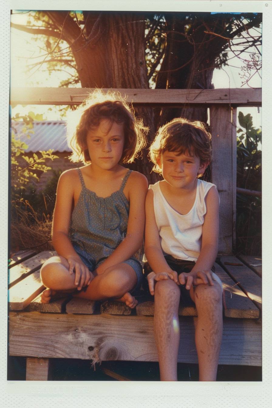 Two siblings sitting on deck in late afternoon, early 2000s, flash photography, polaroid