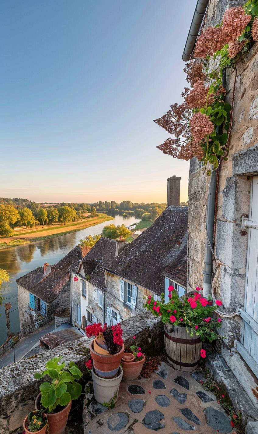 a lifestyle stock photography of The village of Candes-Saint-Martin in Indre-et-Loire: A hidden gem with its charm. Quaint stone houses with colorful flower pots, overlooking the river. Golden hour, clear blue sky, and a gentle breeze. Wide-angle shot, capturing the village's picturesque streets and the stunning view of the Loire River. Warm, natural lighting, creating a romantic and inviting atmosphere.