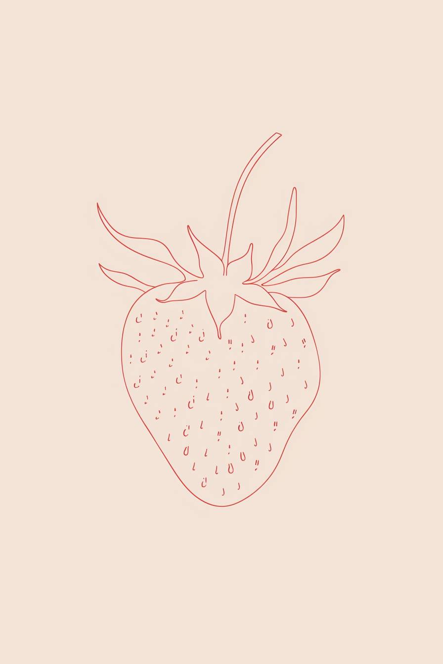 シングルストロベリーのミニマリストラインアート、ラインは薄いピンク色、種子はドットで、ストロベリーは濃いピンク色、クリーム色の背景。
