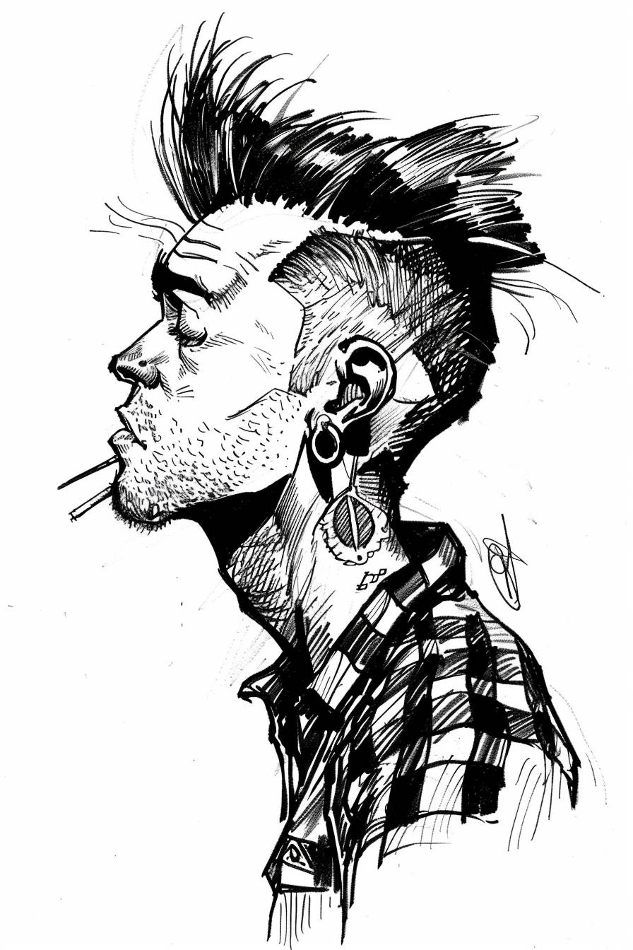 In style of Butcher Billy, character, ink art, side view