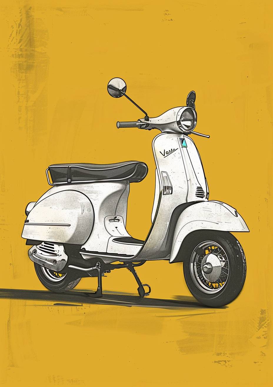Vespa GS classic white on yellow background, seen from the side, sketch, 4K