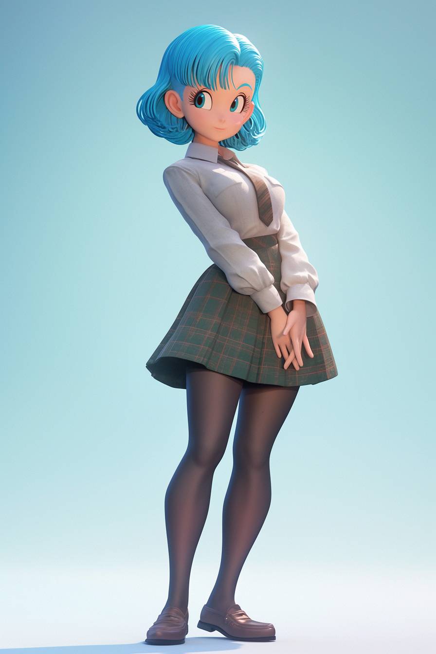 Bulma wearing a school uniform, in 3D Pixar and Disney style, with a simple and clean background