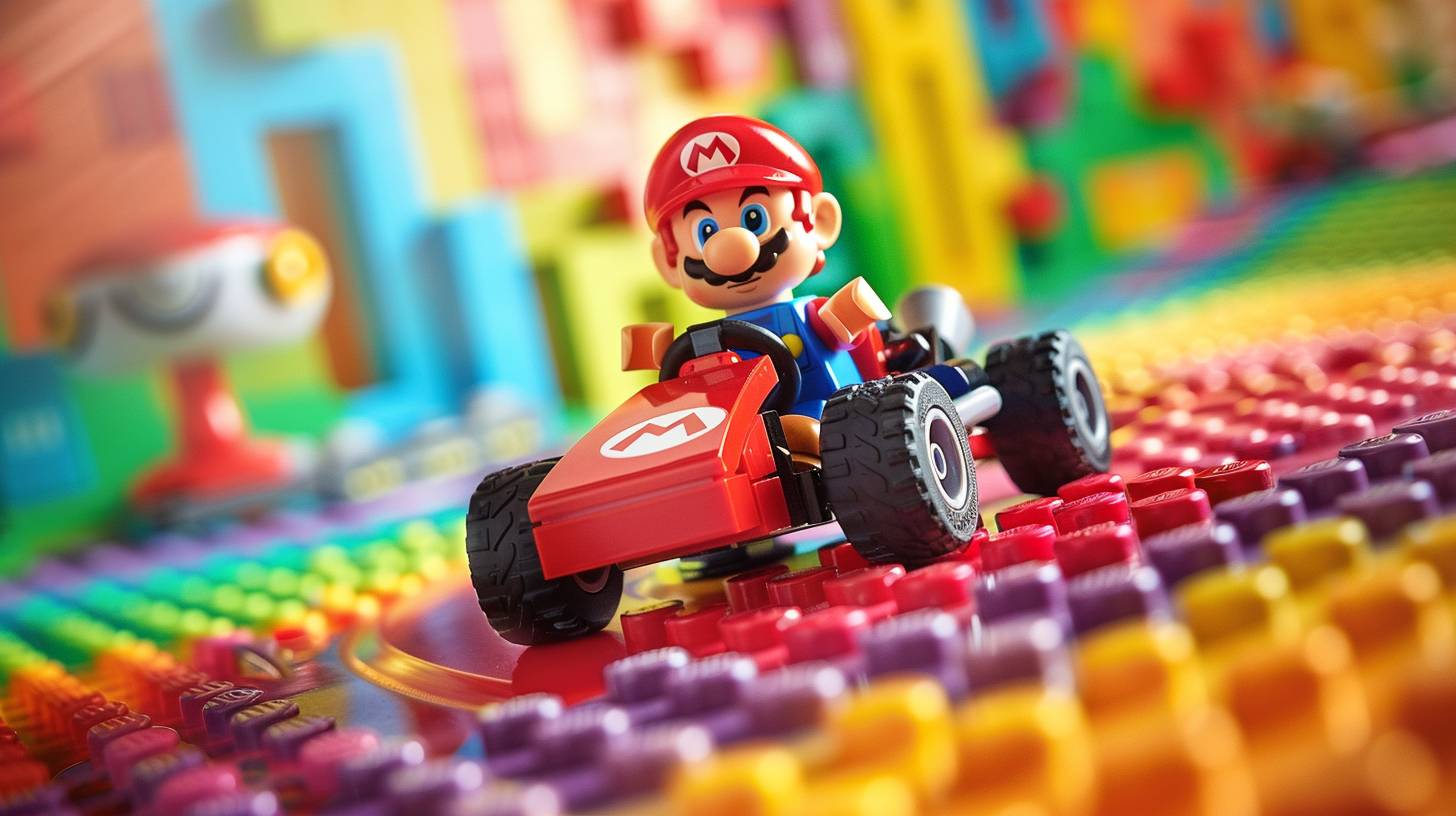 レゴのレインボーロードでドリフト姿勢のレゴマリオが、赤いカートを運転しており、鮮やかな色彩とパワーアップ、象徴的なマリオカート要素を備えています。レゴのスタイルで、明るい色合いです。