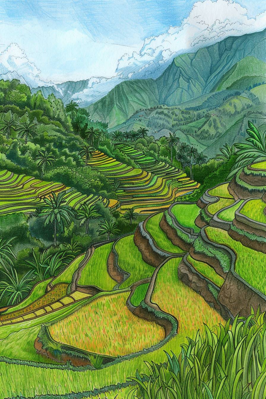 フィリピンの山々にある棚田を描く。線画で、クリーンでクリアな線、塗り絵のようなスタイル、鮮やかな色彩、入り組んだ細部、エレガントで控えめ、静かで魔法のような、平和な雰囲気、細部にこだわった、パステル色の鉛筆、ウィンザー・マッケイのスタイル。