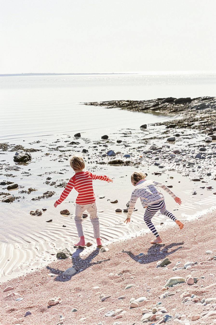 カオスカオスヴィンテージの子供たちがビーチで遊んでいる写真、白っぽいパレット、混沌混沌