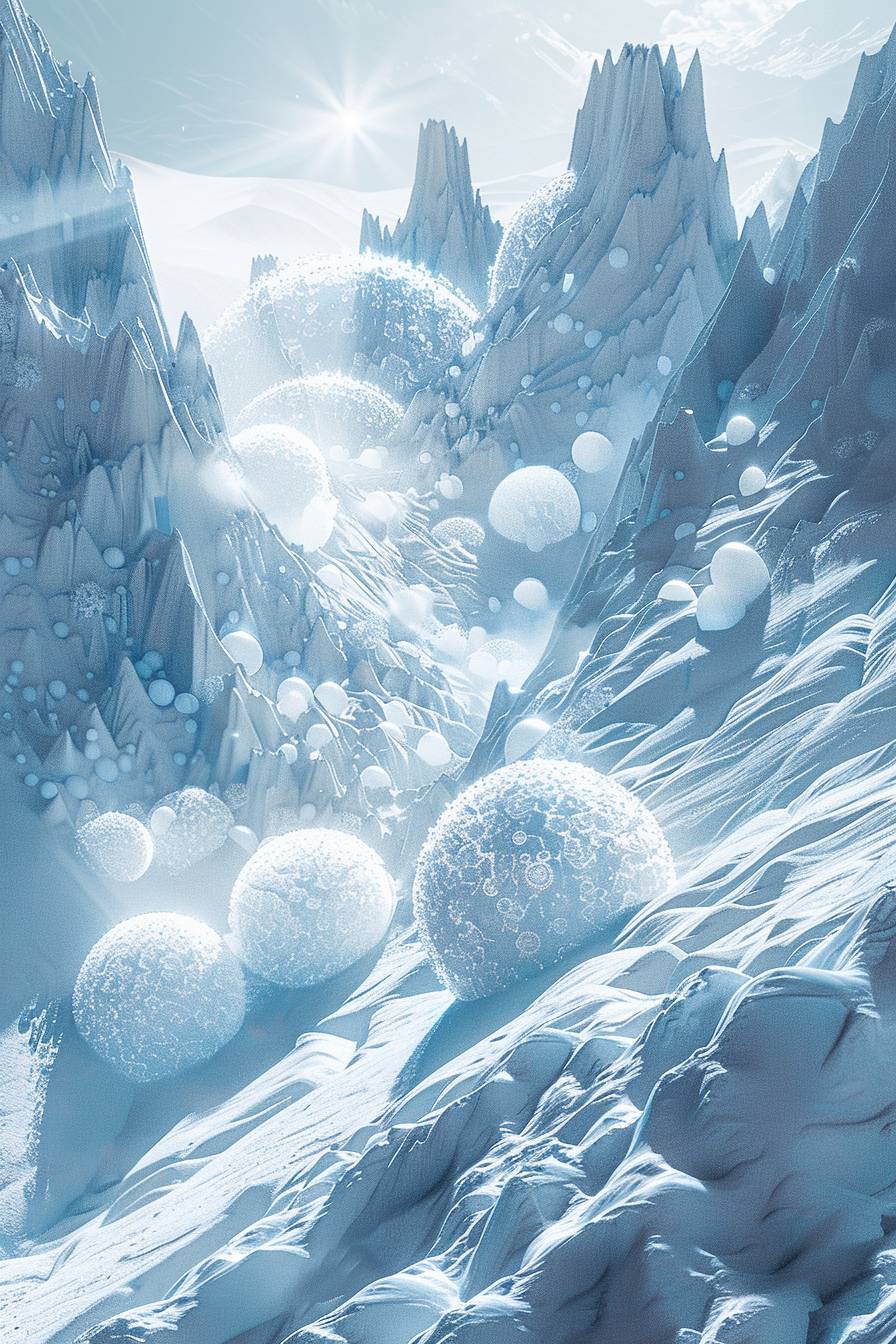 科学雑誌の表紙、3Dレンダリングによる多数の球体のサイズ分布がカメラの前で急速に移動し、原子の爆発的な力が主に物質の粒子を強調しています。サイファイ風のスタイルで、背景は清潔な空間で、青と白のトーン、雪山のような感じ--ar 2:3 --stylize 250  --v 6.0