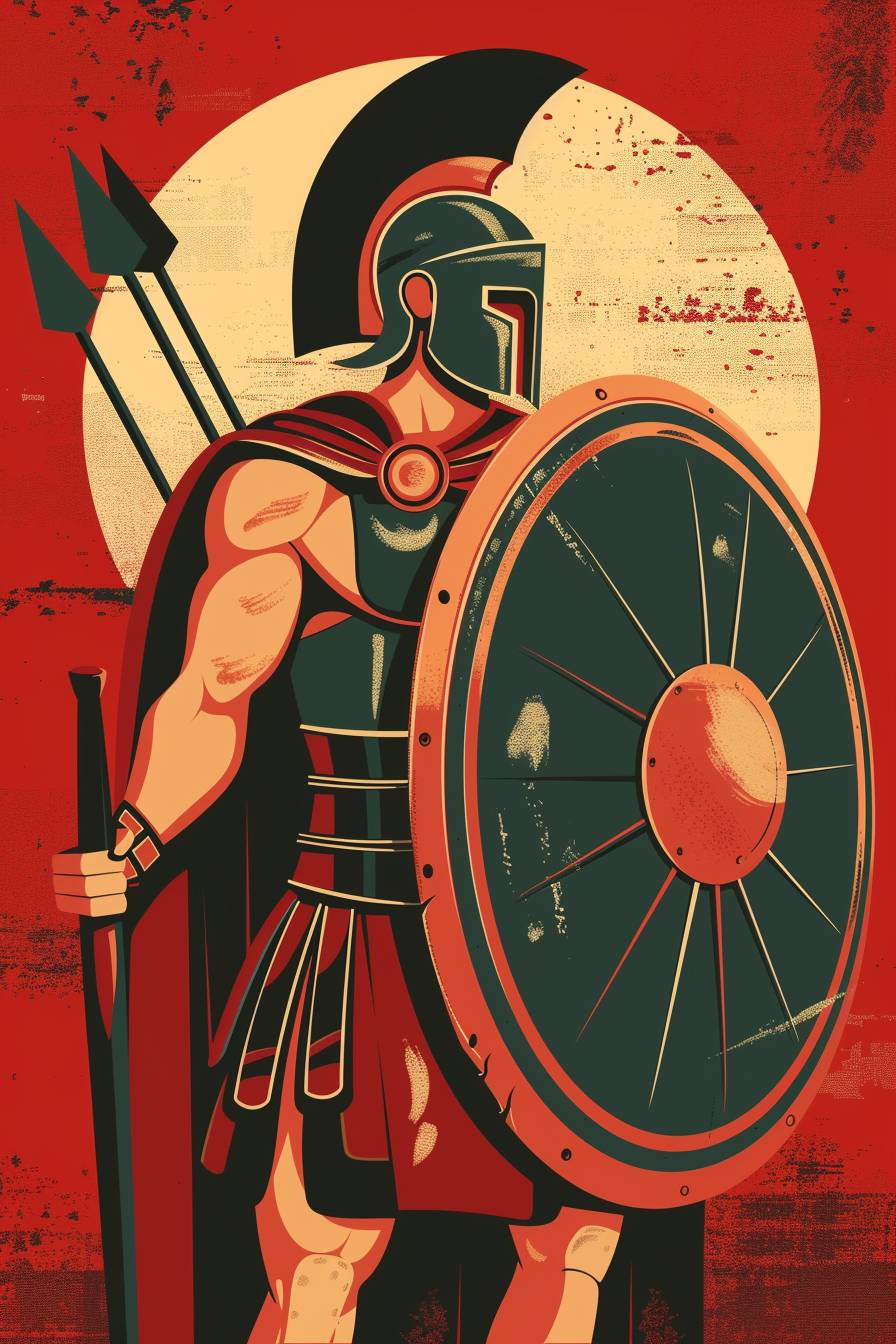 In the style of Rafal Olbinski, warrior character, full body, flat color illustration