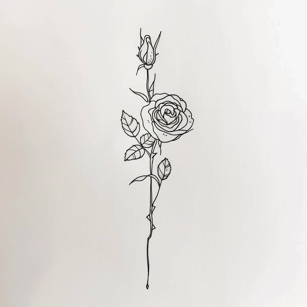 ミニマリストのバラのタトゥーデザイン、ライン、ミニマル、白黒、白い背景