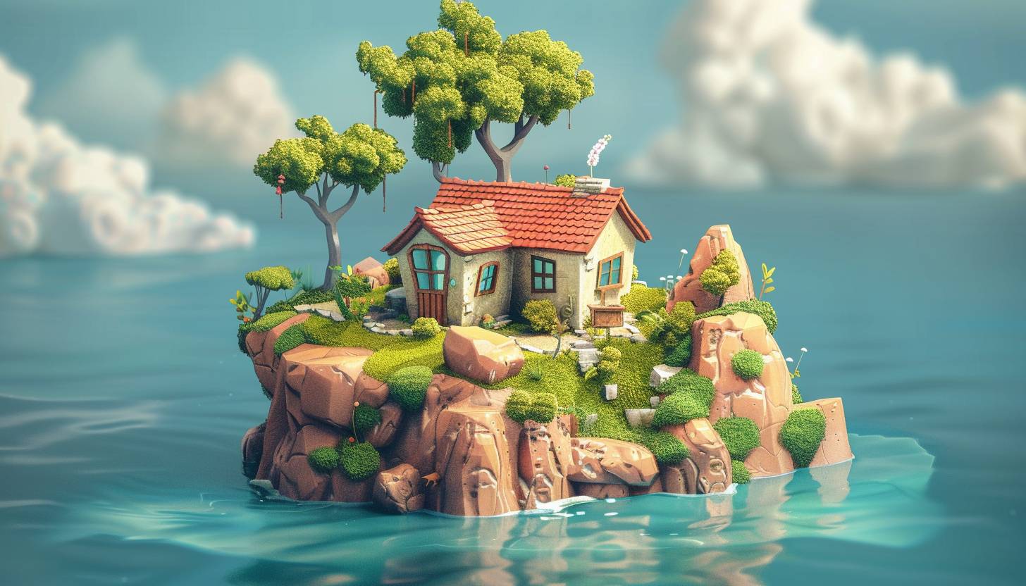 Small simple 3D island game with a small house, cute art style, simplistic, low poly, whimsical elements, Ghibli art style, inspired by games like A Short Hike and Firewatch, isometric view