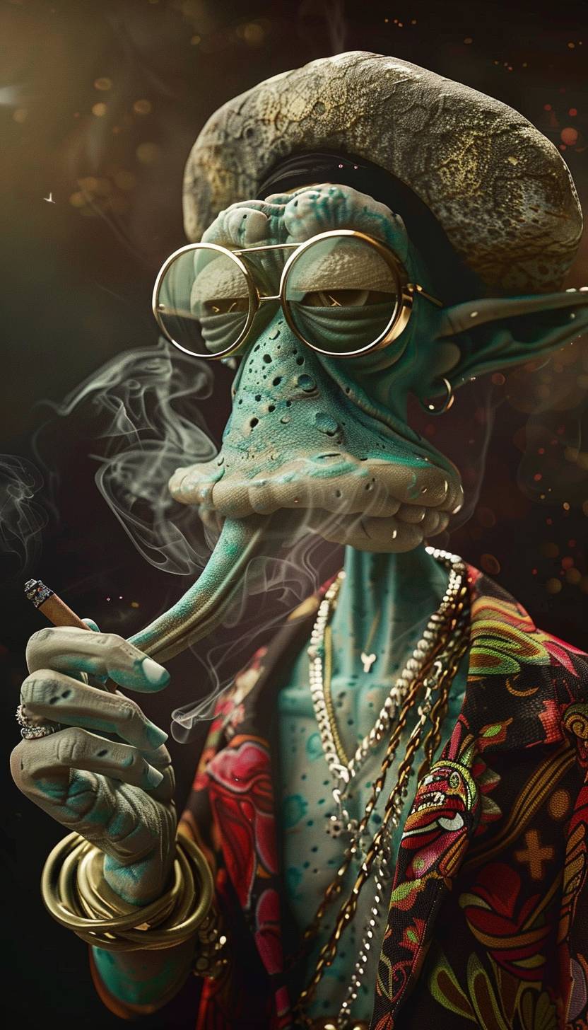 Squidward smoking a joint, he is wearing 90s gangster clothes and jewelry
