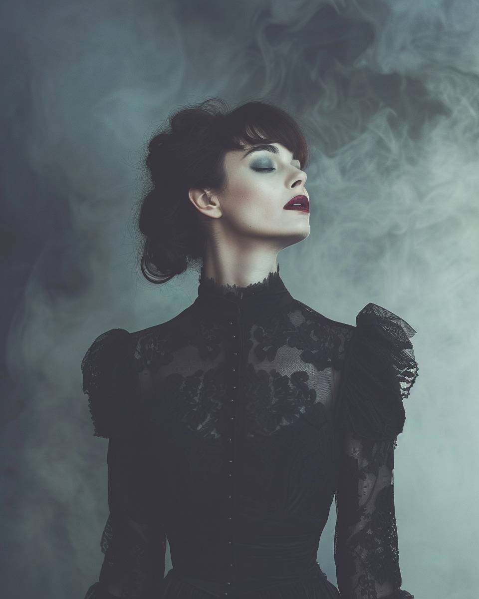 Eerie color photographic portrait of a woman in gothic style dresses, with red lipstick, misty dramatic style, 4:5 aspect ratio, version 6.0