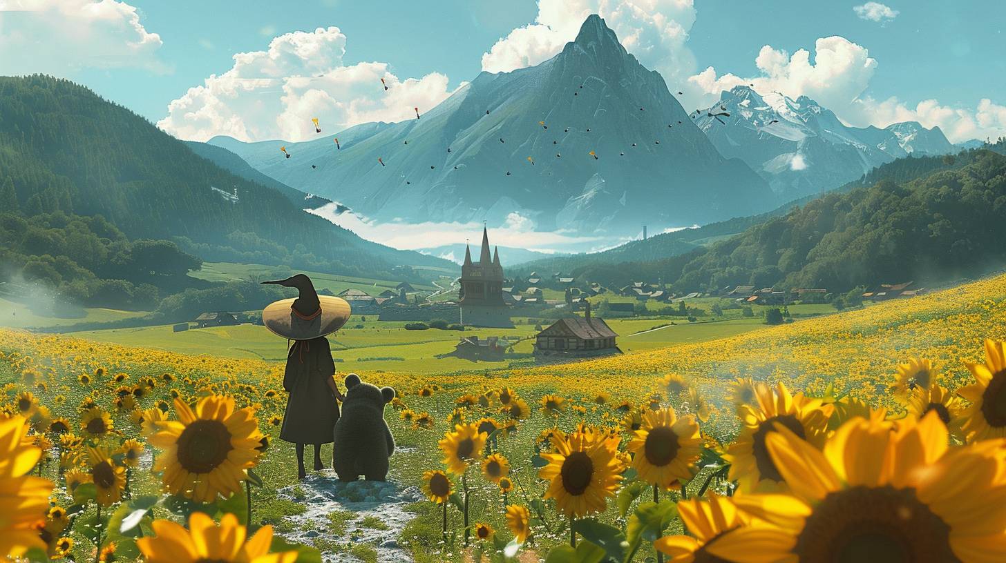 魔女の帽子をかぶった女の子とふわふわのクマが広大な土地を旅している。遠くにひまわり畑と山村が見える。背景にはスイスの山々が広がっている。シネマティックなイラスト、大竹竹派、Irina Nordsol Kuzmina。