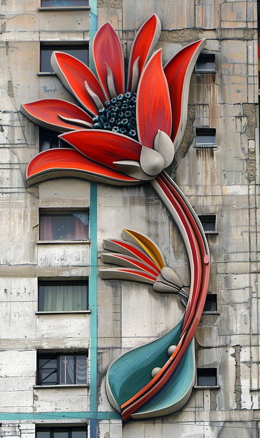 コンクリートのブルータリズム建築を貫くエイリアンの花を描いた彩色の浮彫