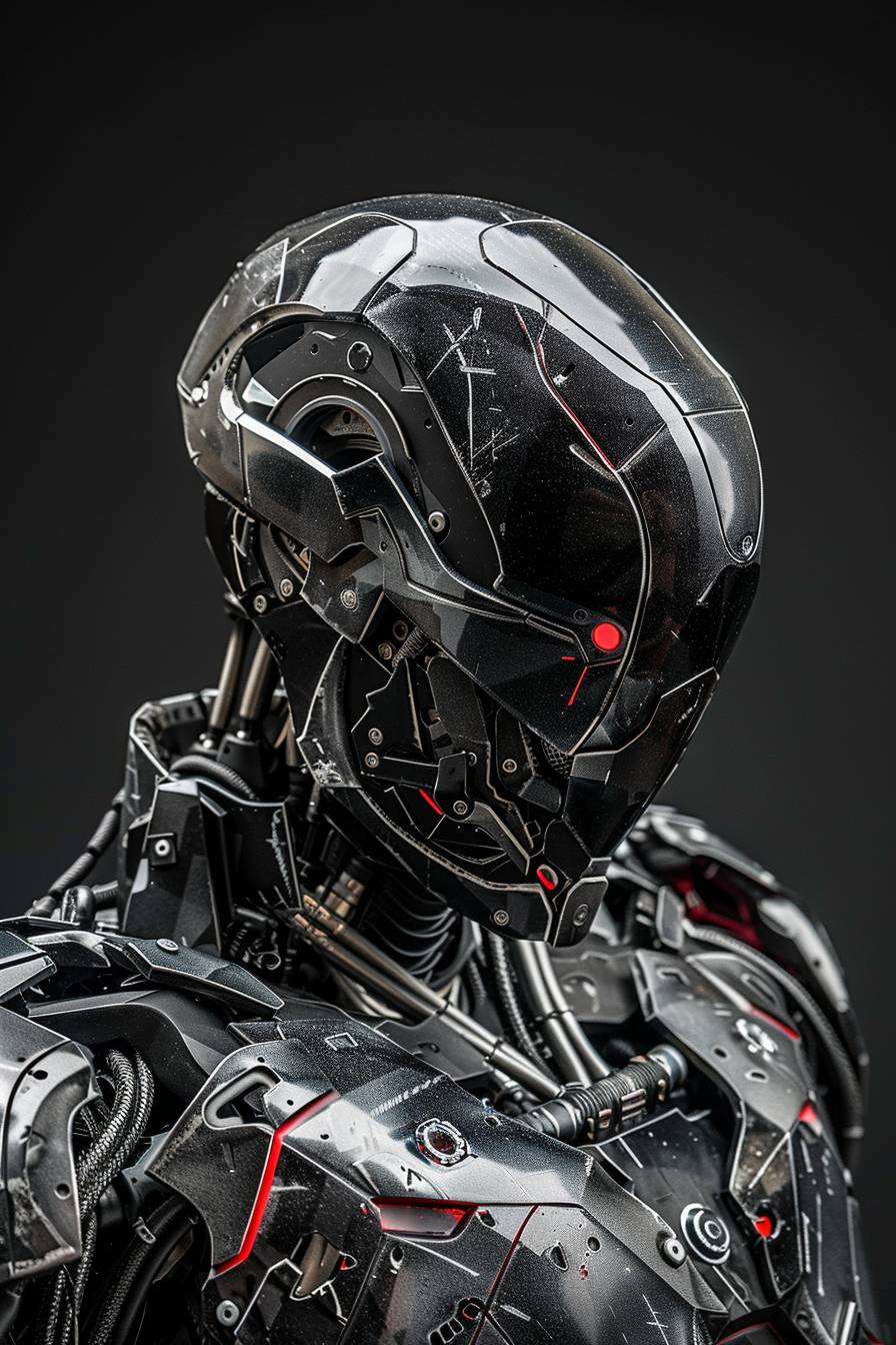 色鮮やかな色の黒い反射鏡の装甲で戦闘を経験したロボット戦士の肖像が、プレーンな黒い背景に立って複雑なディテールと高度な技術を見せています。