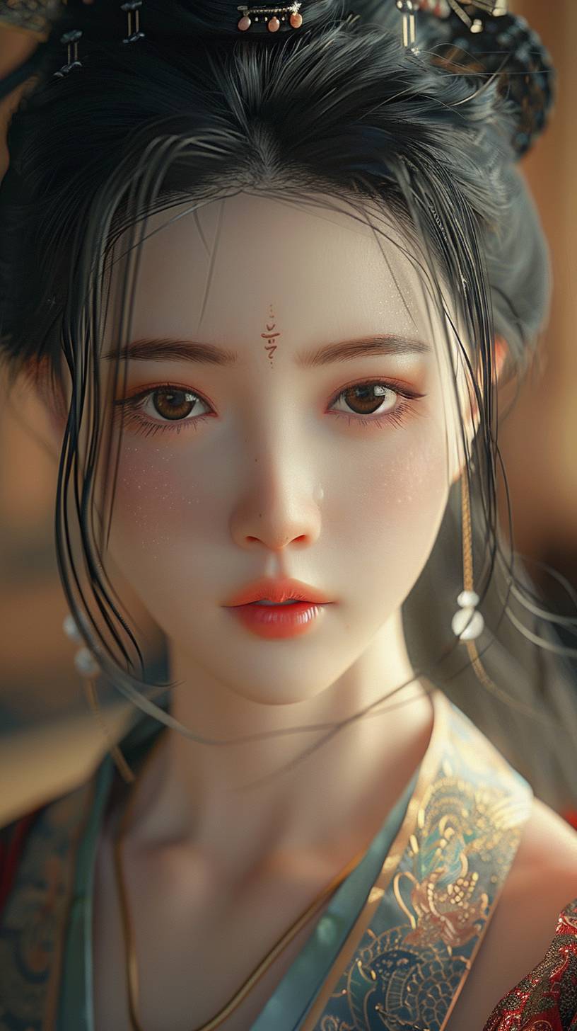 The girl, an ancient beauty, has a delicate face. She looks into the camera with an expressionless face. She has black hair and wears a hairpin. She is dressed in traditional Hanfu attire, in a close-up shot inside the palace. This ancient-style avatar is surreal and of the highest quality, a masterpiece in the realistic style of Hubma.