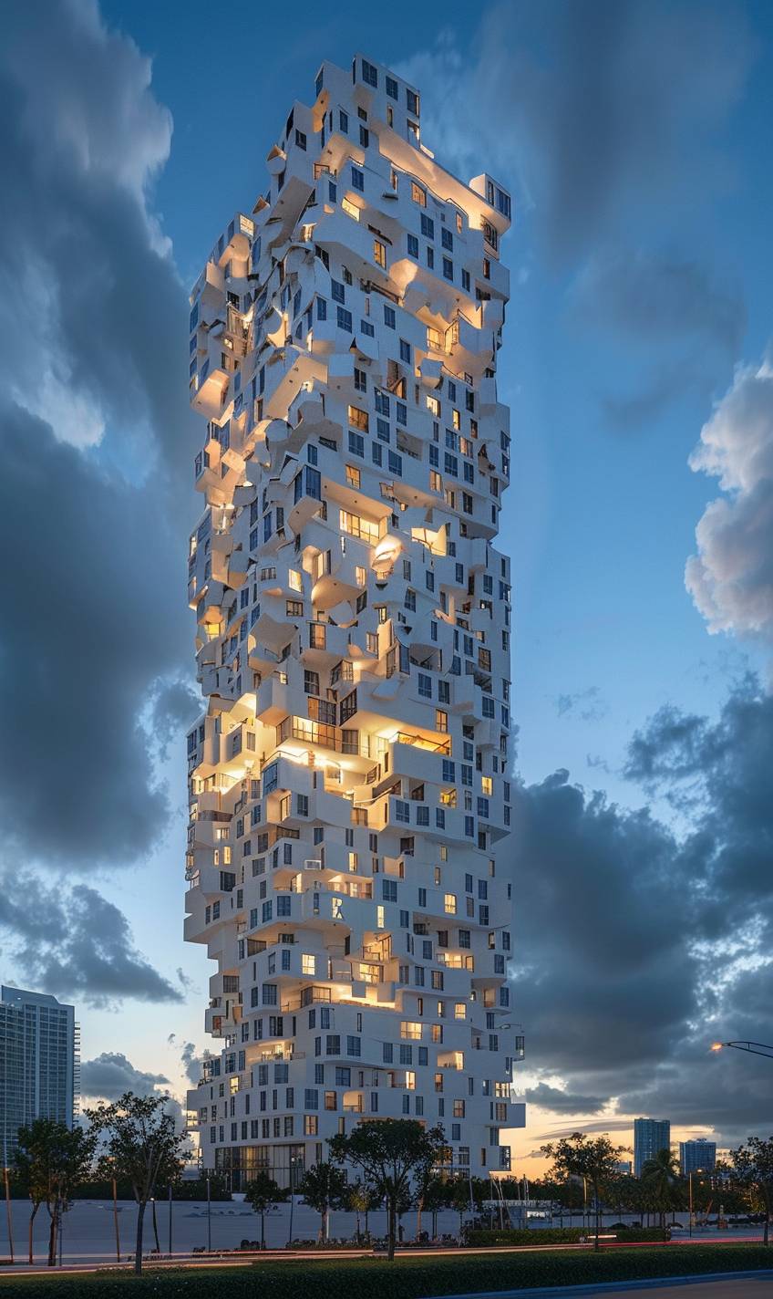 The MVRDV Pixel Tower in Biscayne Bay Miami, shades of white, splash of color, Jenga, minimalist, dusk