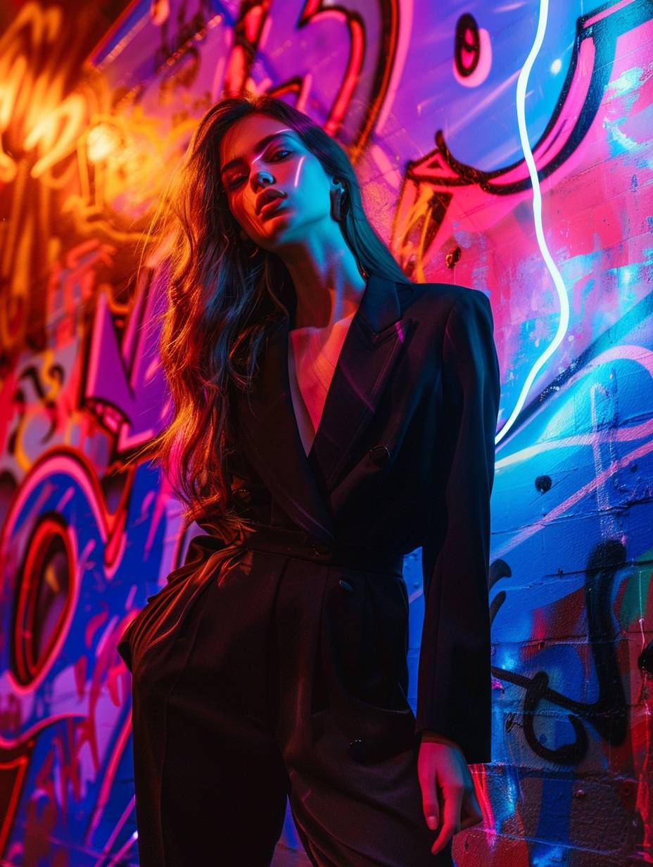 A young and stunning woman dressed in a sleek black suit stands in front of a wall covered in graffiti. The graffiti is illuminated by neon, fluorescent, luminescent, and radiant colors, creating a vibrant and dazzling scene. This shimmering display of lights and the glowing graffiti generates a captivating and ethereal atmosphere around the woman.