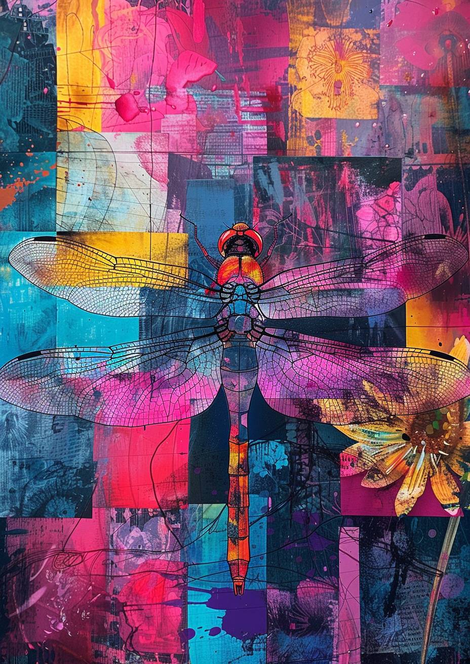 抽象的重ねられたシルクスクリーンプリント、池の上に水生植物が咲く中蜻蜓が寄るアップ、破片化された歪んだ長方形、活気のある色彩パレット、荒い質感、平面画像