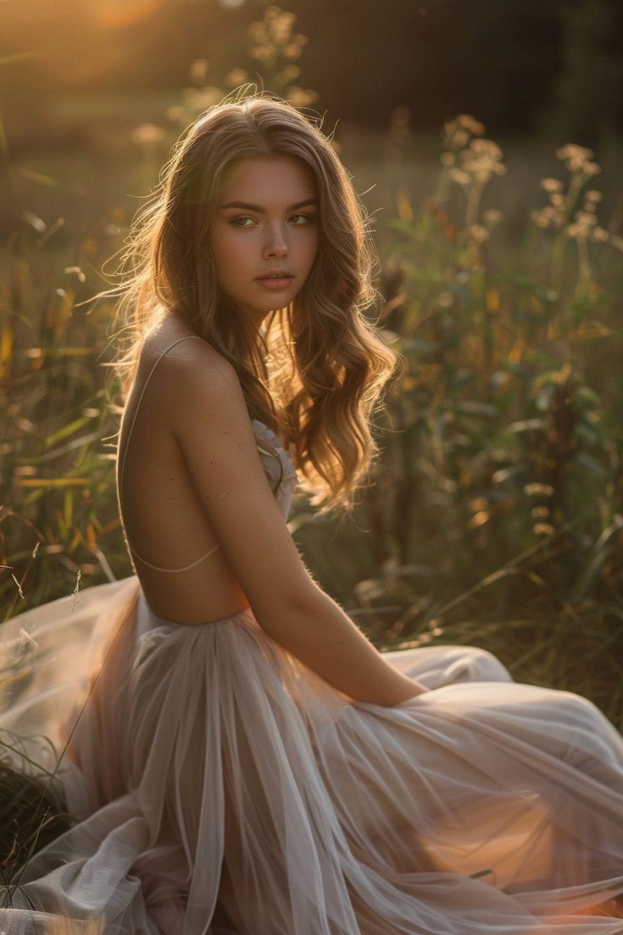 Glamorous young woman showcasing graceful posture, soft golden hour lighting, delicate shadows, flowing gown, and captivating gaze